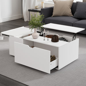 Minimalist White Lift Up Coffee Table – Wooden Tea Table with Storage Drawer